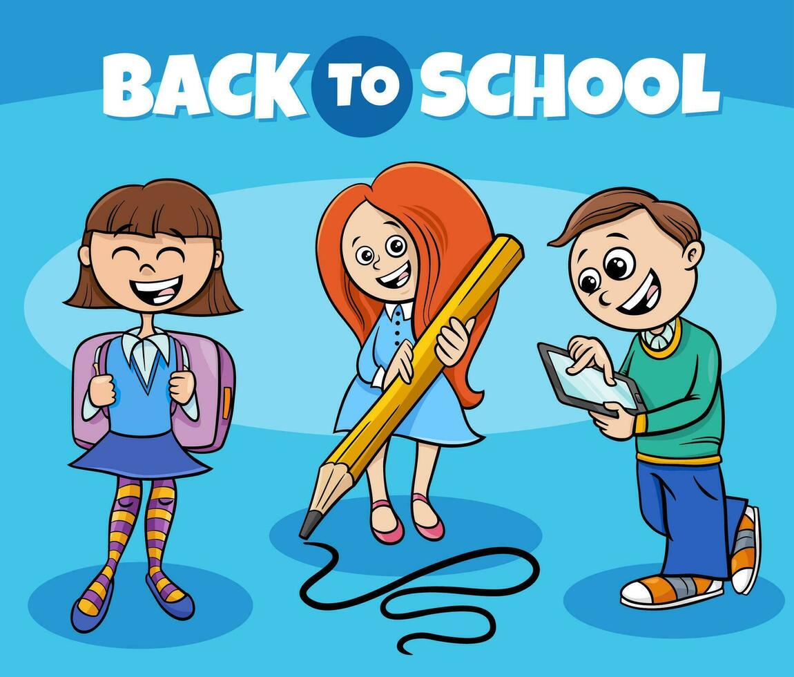 cartoon children characters with back to school caption vector