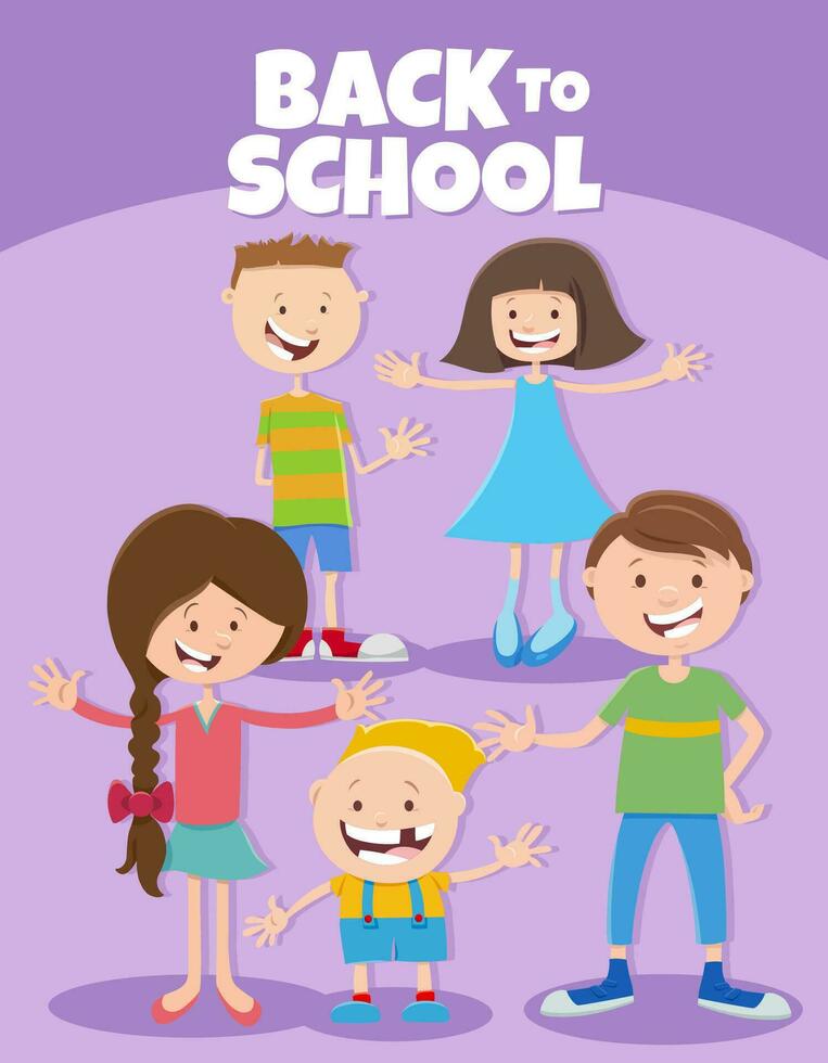 cartoon happy elementary age children with back to school caption vector