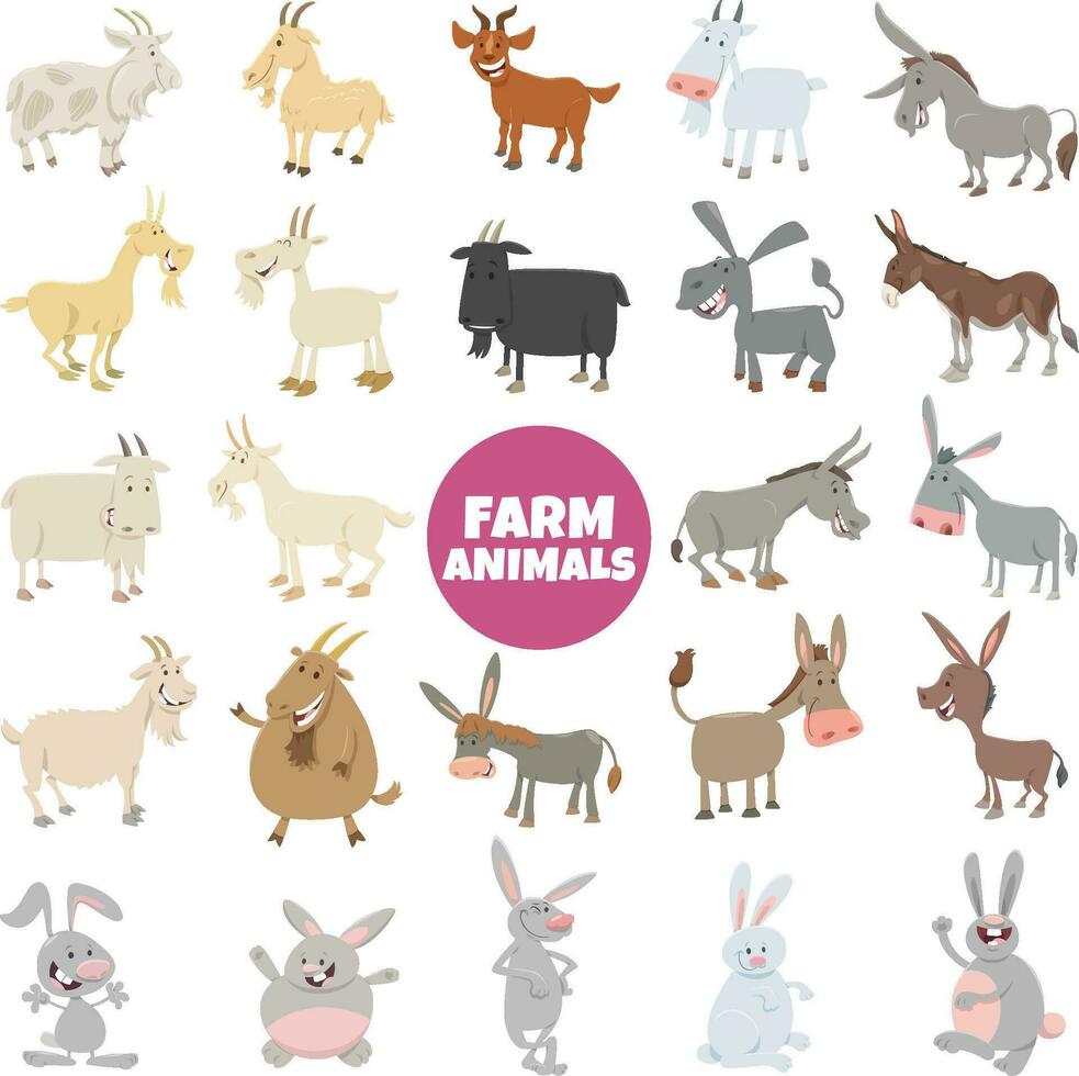 cartoon funny farm animal characters big set vector