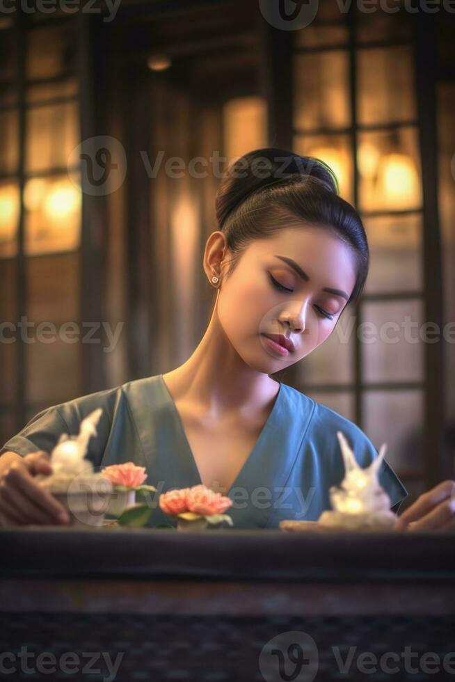 a young and beautiful woman is sitting at a dining table, wearing a blue dress. She is surrounded by an assortment of cupcakes placed on the table in front of her photo