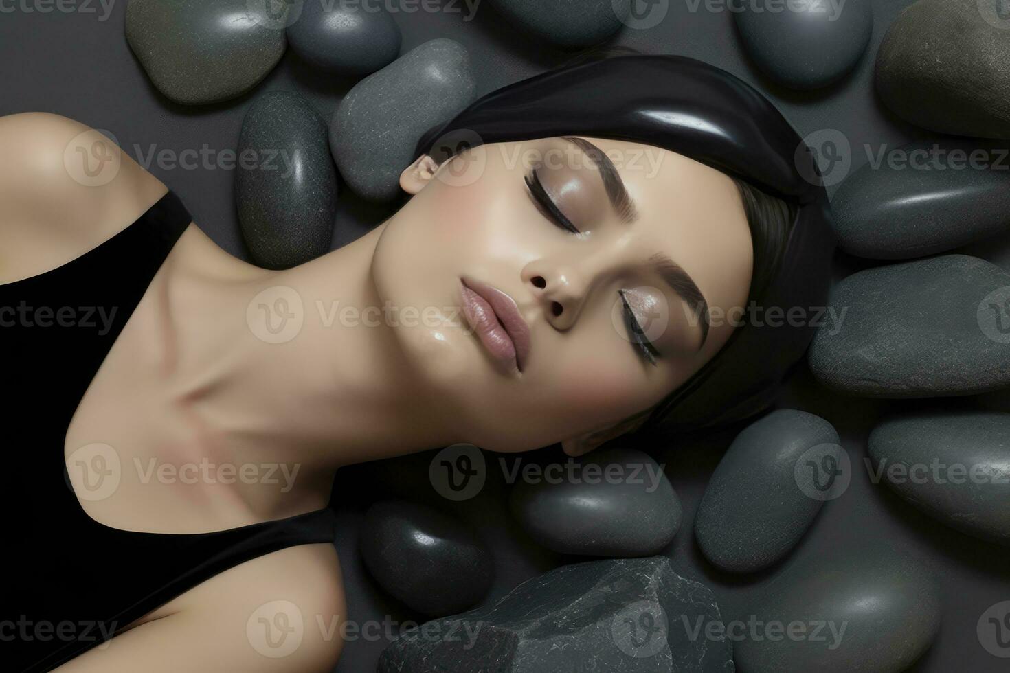 a young woman with a peaceful expression is lying down on a bed of black rocks, which serves as a unique and natural background. Her eyes are closed, and she appears to be enjoying a moment photo