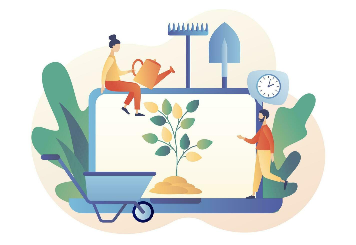 Growing plants online. Gardening concept. Gardening equipment planting tree. Country life. Modern flat cartoon style. Vector illustration on white background