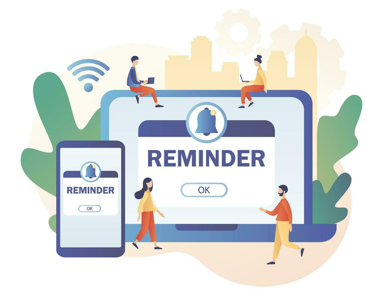 Reminder concept. New notice. Notifications page with notification bell on smartphone and laptop. Important reminder. Event push message. Modern flat cartoon style. Vector illustration