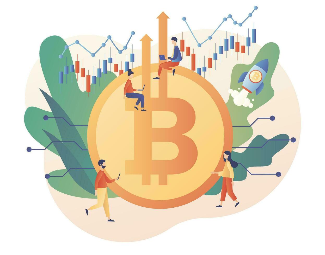 Bitcoin big coin price skyrocket. Tiny people cryptocurrency investor. Bull market concept with spaceship flying upwards. Rate growth. Modern flat cartoon style. Vector illustration on white backgroud