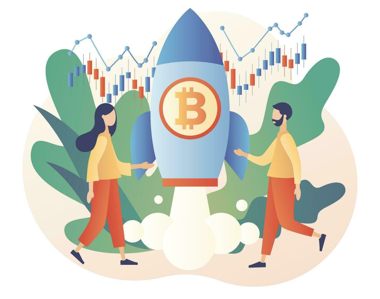 Bitcoin price skyrocket. Spaceship flying upwards. Tiny people cryptocurrency investors. Bull market concept. Rate growth. Modern flat cartoon style. Vector illustration on white background