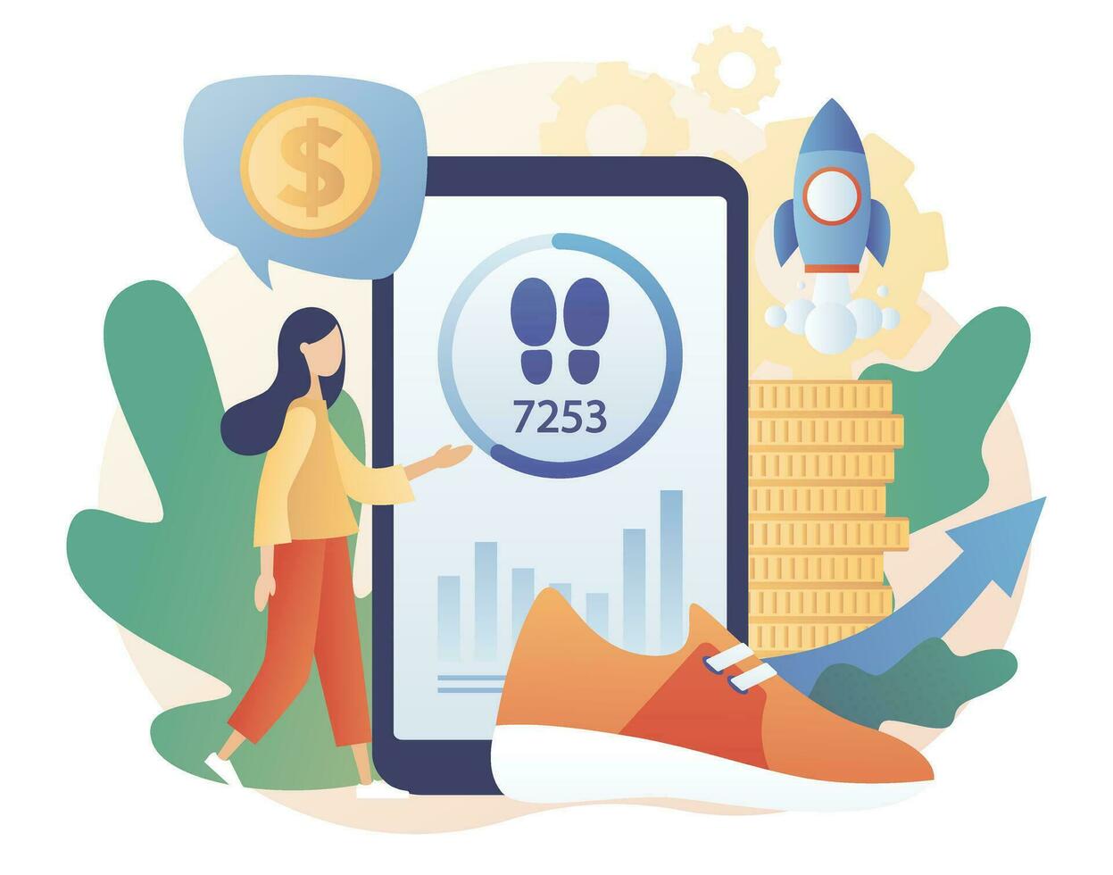 Step counter in smartphone. Pedometer, fitness tracker concept. Walking to earn money mobile app. Digital sneaker. Crypto currency coin. Modern flat cartoon style. Vector illustration
