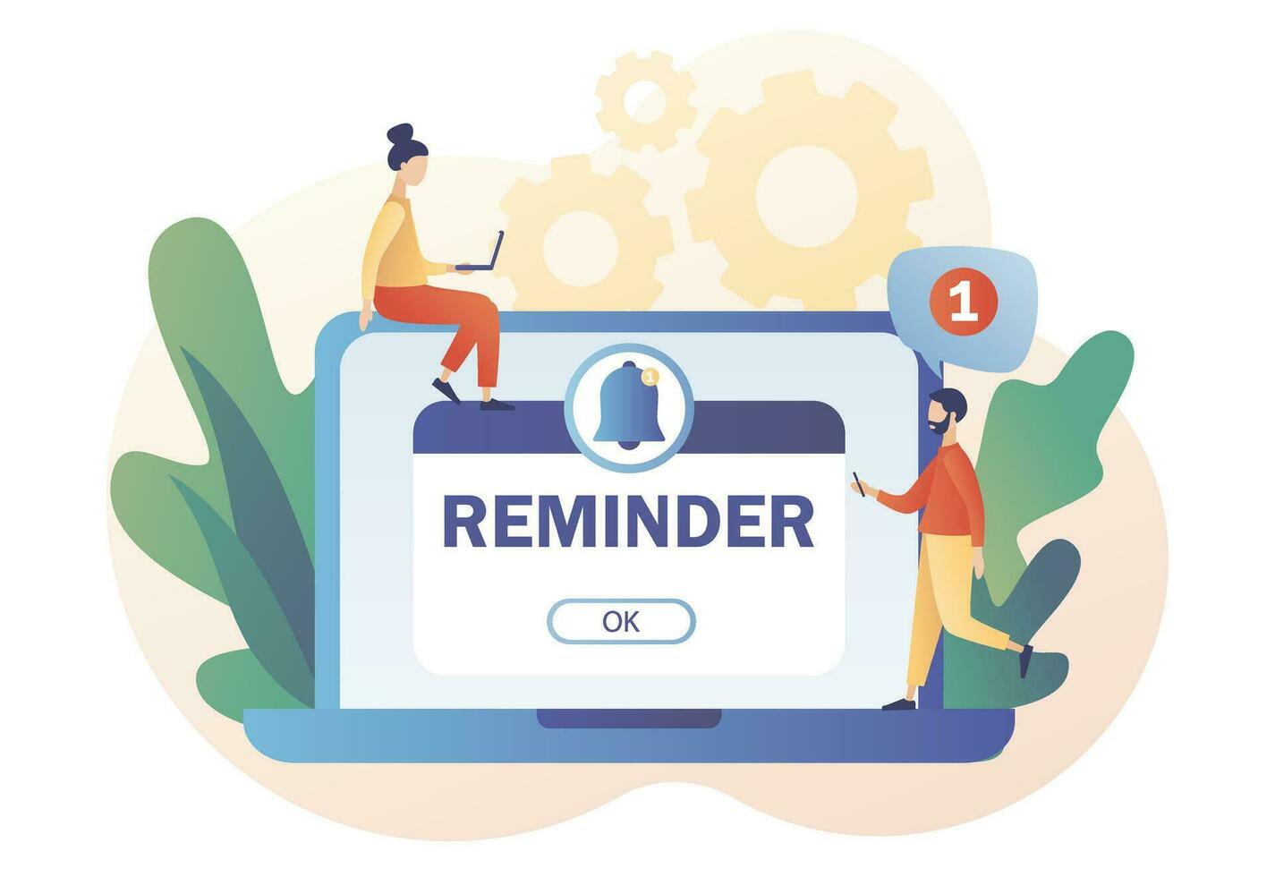 Reminder concept. New notice. Notifications page with notification bell on laptop. Important reminder. Event push message. Modern flat cartoon style. Vector illustration on white background