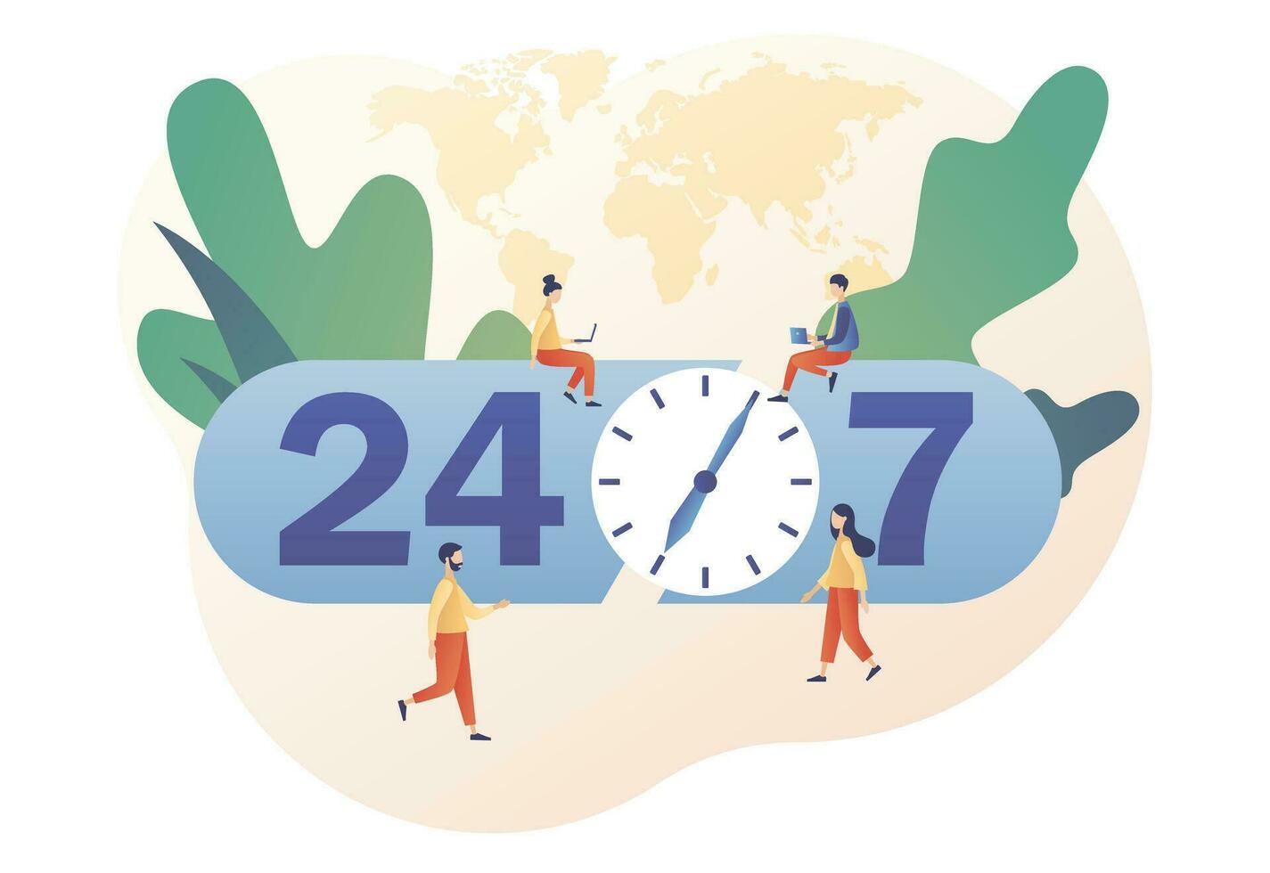 Around clock. 24 hours watch with arrow. 24-7 support service, open, time, working hours, delivery concept. Modern flat cartoon style. Vector illustration on white backgroun