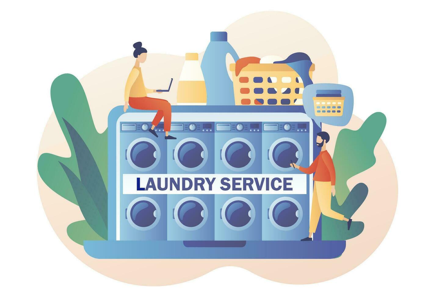 Laundry service online on laptop screen. Washing machines. Laundromat, home appliance, housekeeping concept. Modern flat cartoon style. Vector illustration on white background