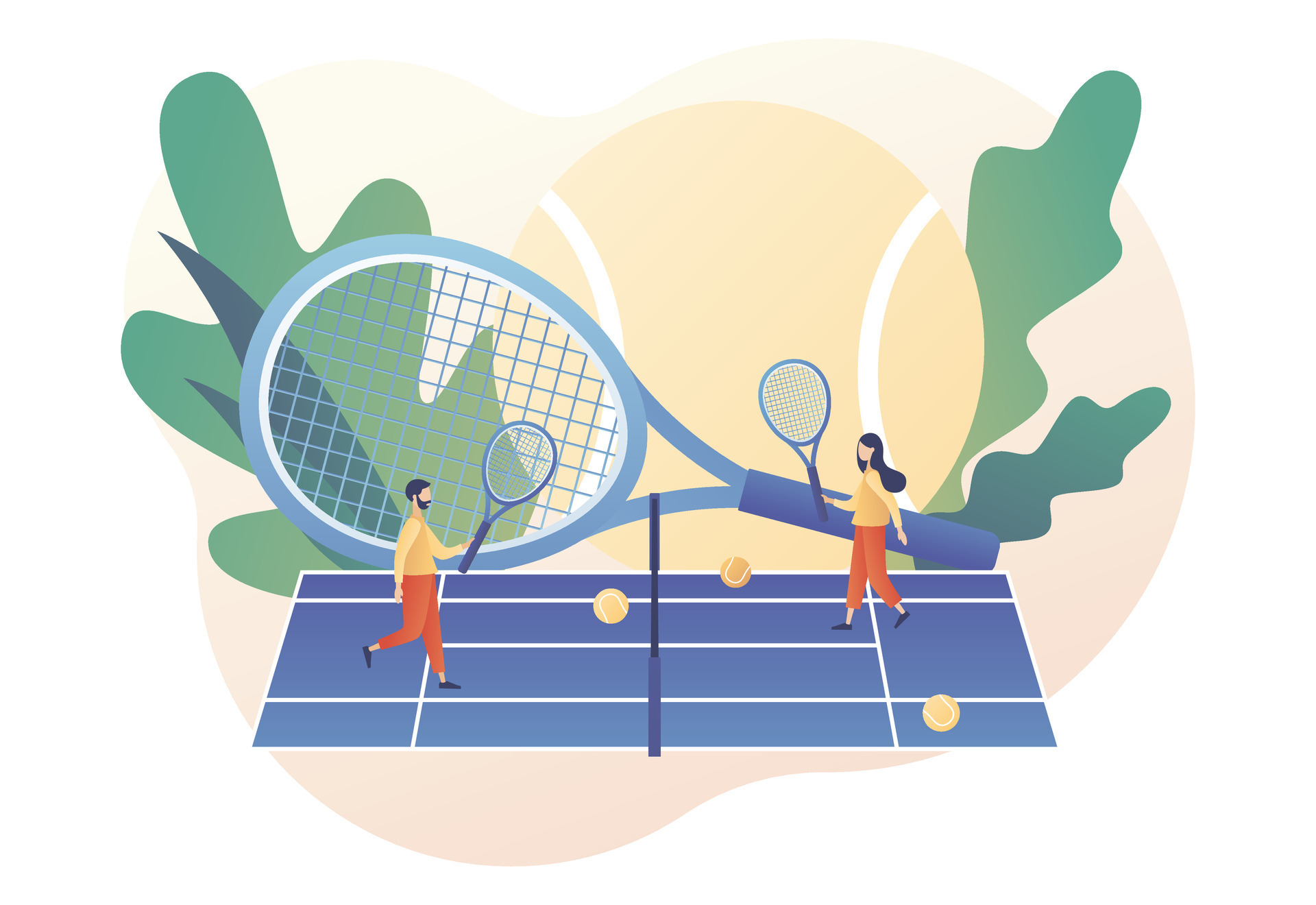 Sport club online. Tennis court, tennis rackets and balls. Group activity, training. Championship and tournament