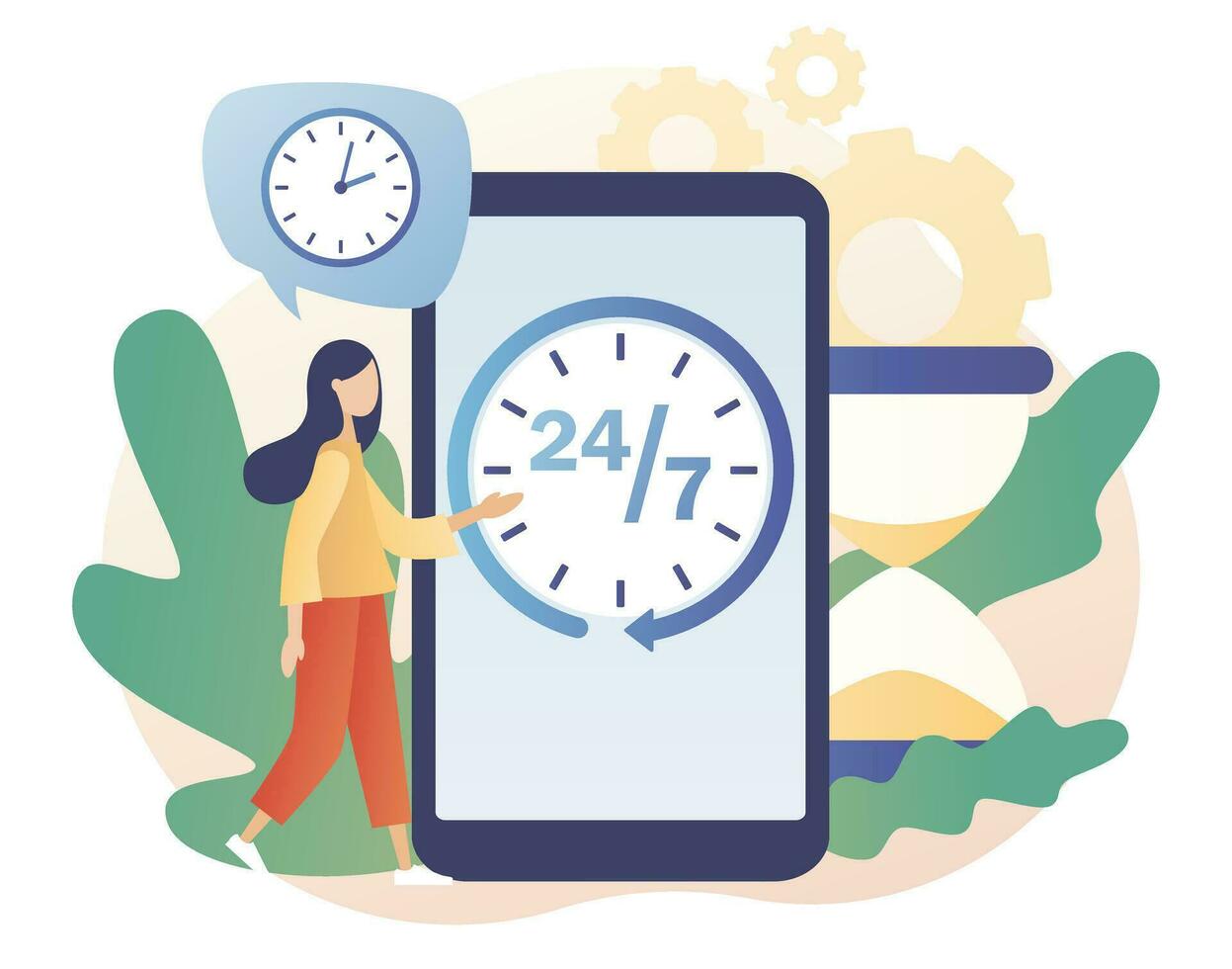 24 hours watch with arrow on smartphone screen. Around clock. 24-7 support service, open, time, working hours, delivery concept. Modern flat cartoon style. Vector illustration on white background