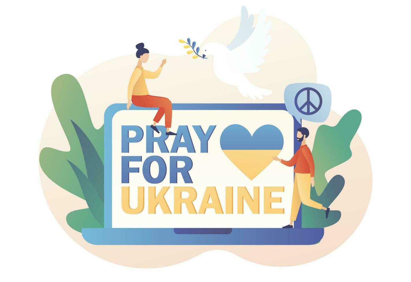 Pray for Ukraine - text on laptop screen. Save Ukraine. Flying bird as symbol of peace. No war. Stop war. Modern flat cartoon style. Vector illustration on white background