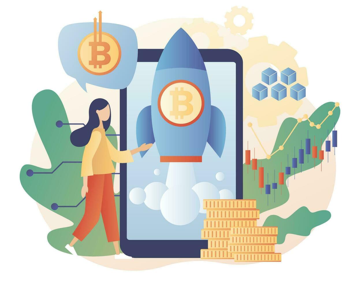 Bitcoin price skyrocket. Tiny woman cryptocurrency investor use smartphone app. Spaceship flying upwards. Bull market concept. Rate growth. Modern flat cartoon style. Vector illustration