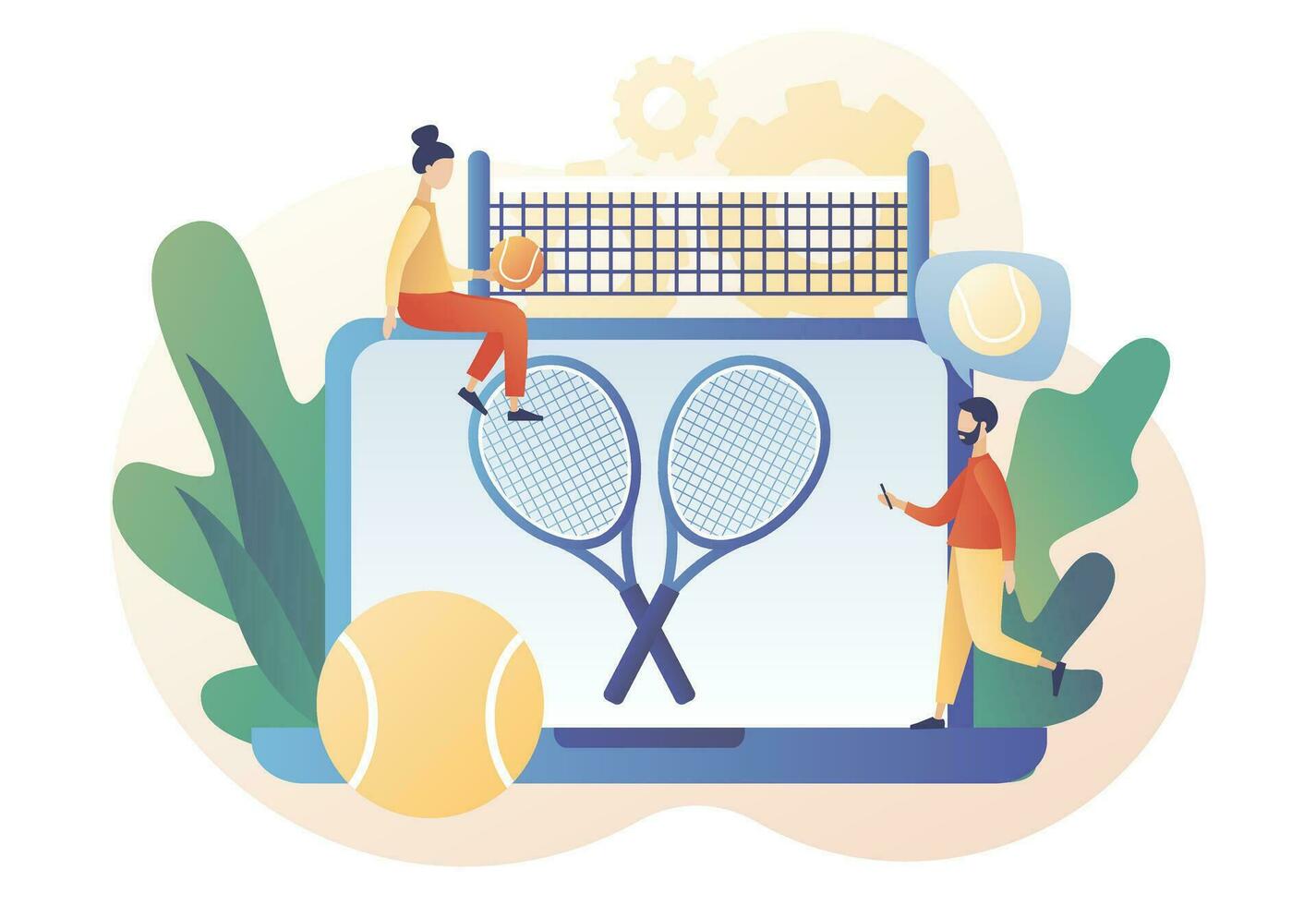 Sport club online. Tennis court, tennis rackets and balls. Group activity, training. Championship and tournament. Modern flat cartoon style. Vector illustration on white background