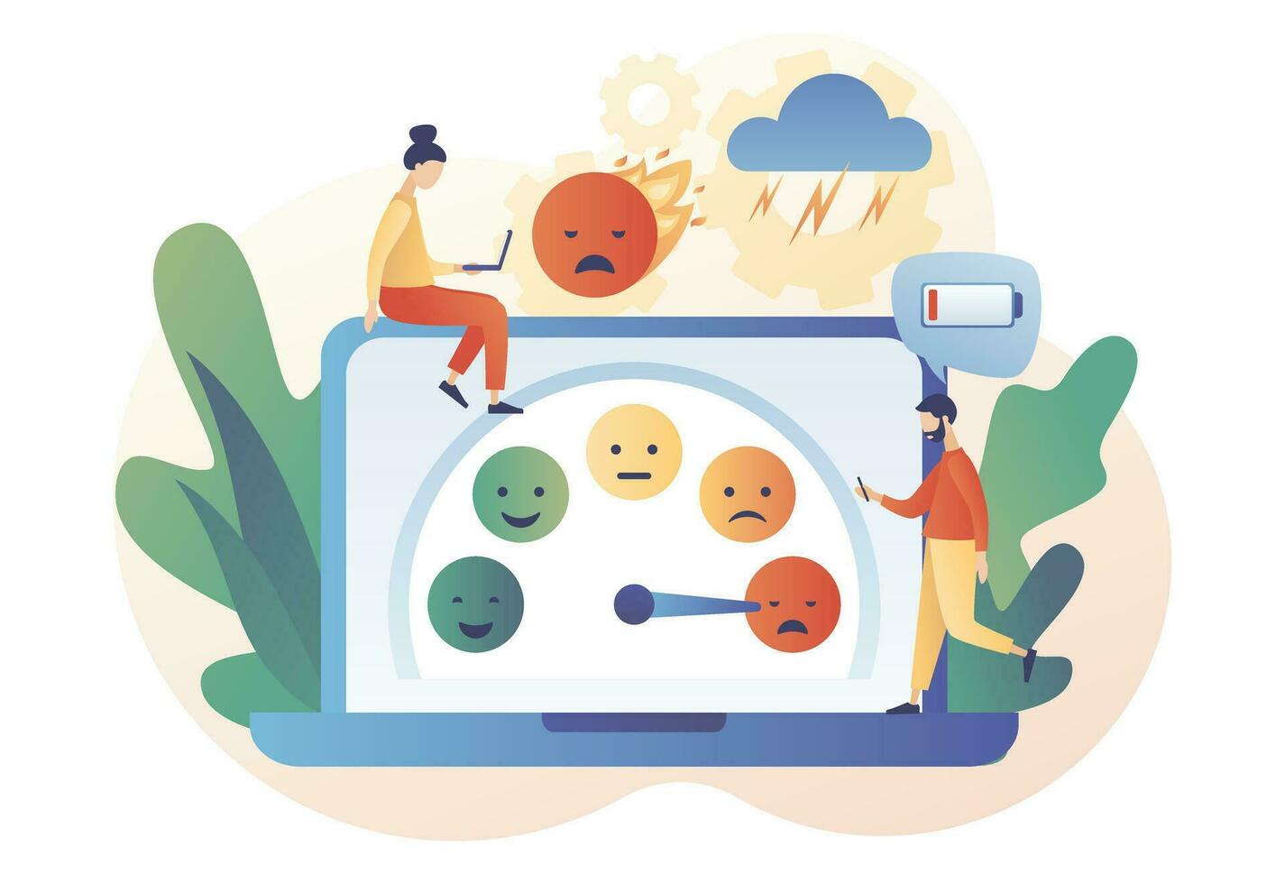 Emotional burnout. Overwork business people. Low energy, tiredness, depression, stress level, mood scale, battery low on laptop screen. Modern flat cartoon style. Vector illustration