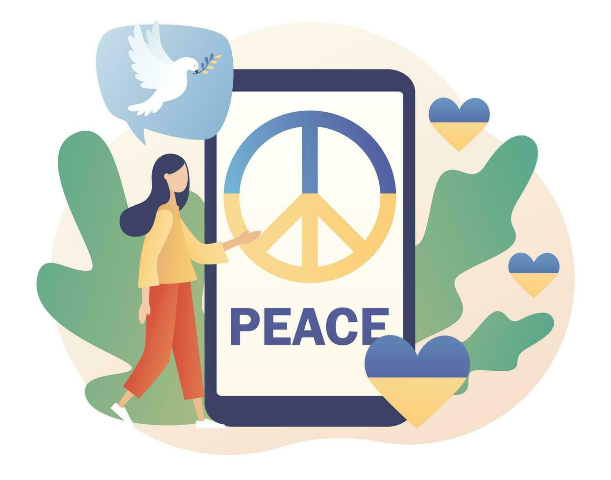 Ukraine peace symbols on smartphone screen. Stop war. No war. Flag of Ukraine. Dove of peace. Stand with Ukraine. Modern flat cartoon style. Vector illustration on white background
