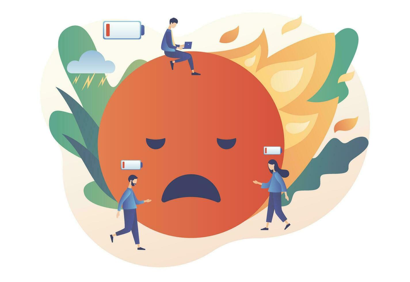 Emotional burnout. Burning emoji. Smile icon in fire. Low energy, tiredness, depression, stress level, mood scale, battery low. Overwork business people. Modern flat cartoon style. Vector illustration