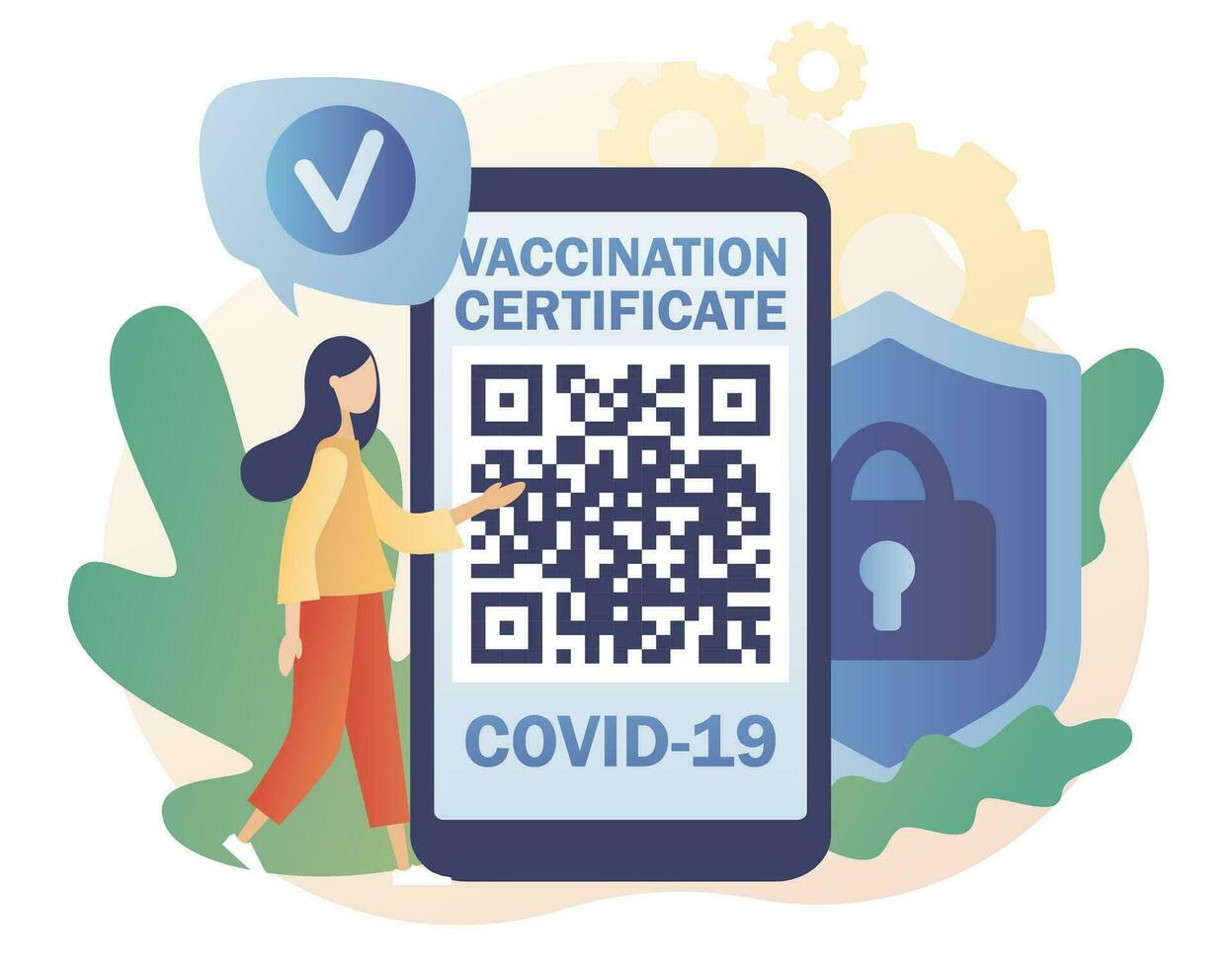 vacunación certificado en teléfono inteligente aplicación vacuna pasaporte. personas salud pasaporte de vacunación para COVID-19. viaje durante coronavirus pandemia. moderno plano dibujos animados estilo. vector ilustración