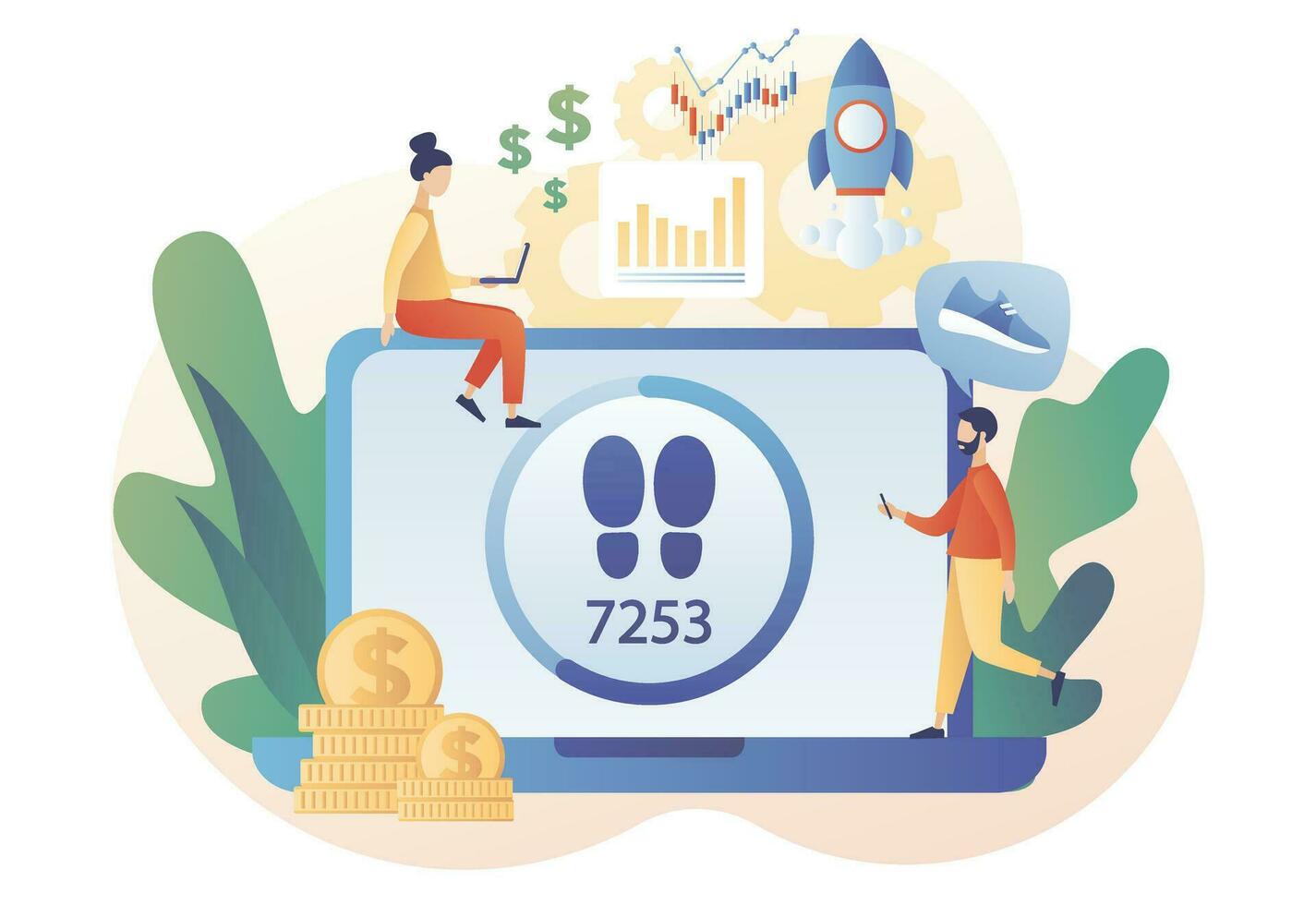 Step counter online. Pedometer, fitness tracker concept. Walking to earn money mobile app. Digital sneaker. Crypto currency coin. Modern flat cartoon style. Vector illustration on white background