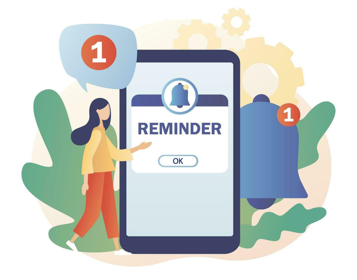 Reminder concept. New notice. Notifications page with notification bell on smartphone. Important reminder. Event push message. Modern flat cartoon style. Vector illustration on white background