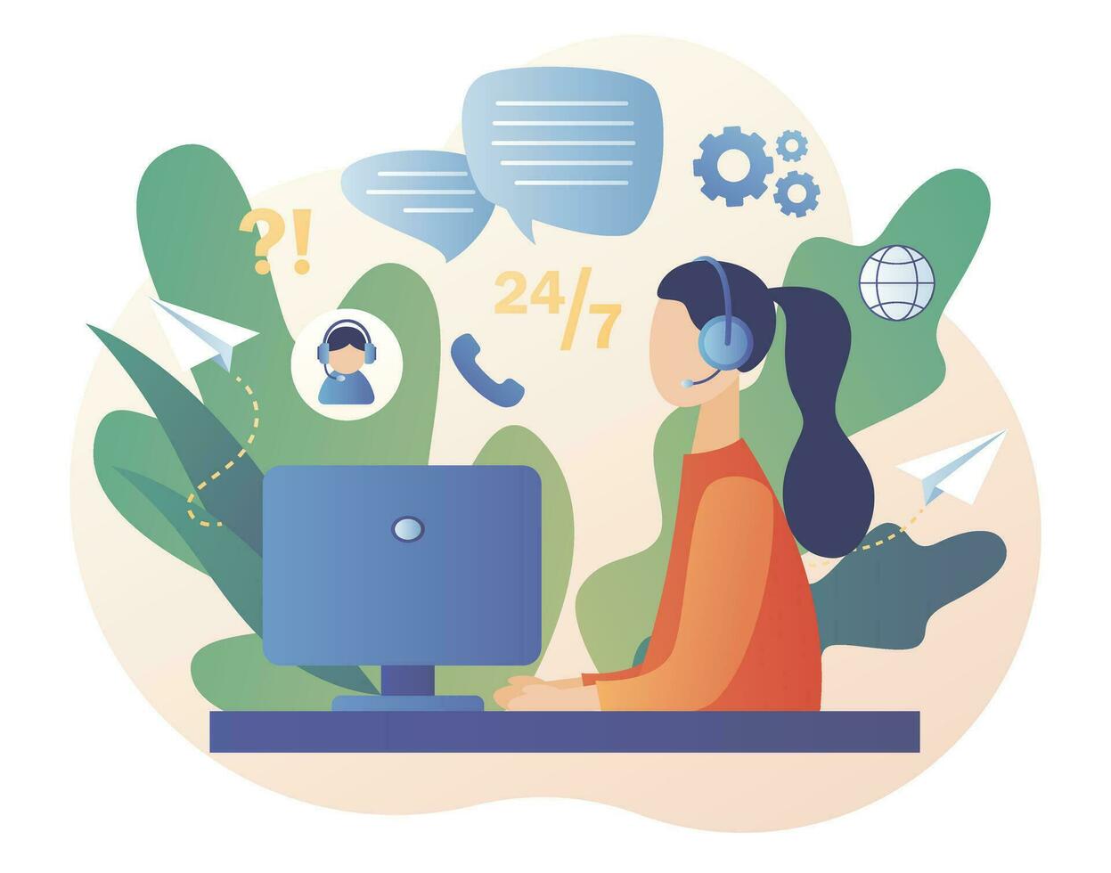 Woman hotline operator in headset consults client. Customer service. Call center. Online support concept. Modern flat cartoon style. Vector illustration on white background