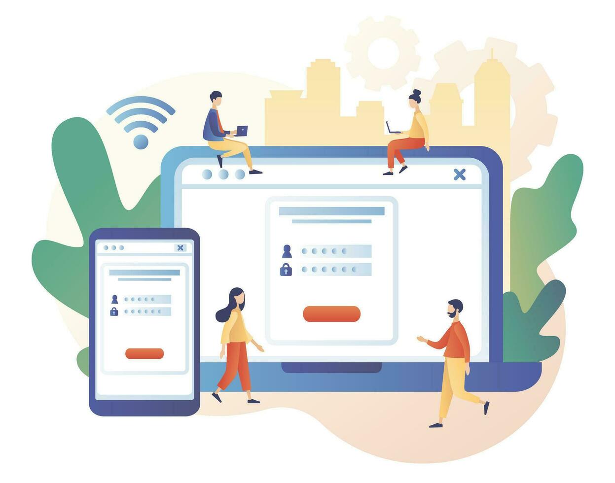 Account login and password on smartphone and laptop screen. Cyber security, Data protection, online registration, confidentiality concept. Modern flat cartoon style. Vector illustration
