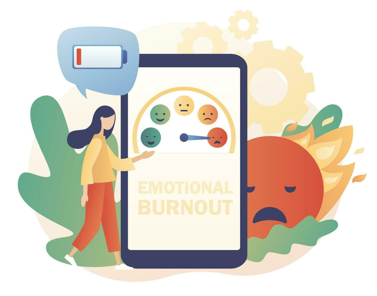 Emotional burnout. Overwork business people. Low energy, tiredness, depression, stress level, mood scale, battery low on smartphone screen. Modern flat cartoon style. Vector illustration