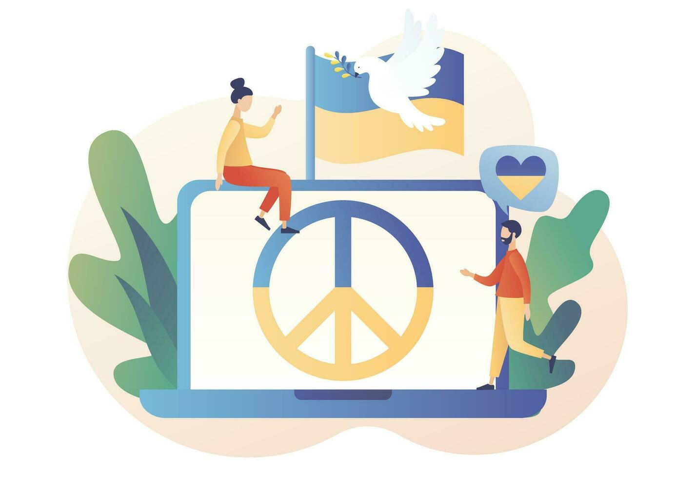 Ukraine peace symbols on laptop screen. Flag of Ukraine with dove of peace. Stand with Ukraine. Stop war. No war. Modern flat cartoon style. Vector illustration on white background