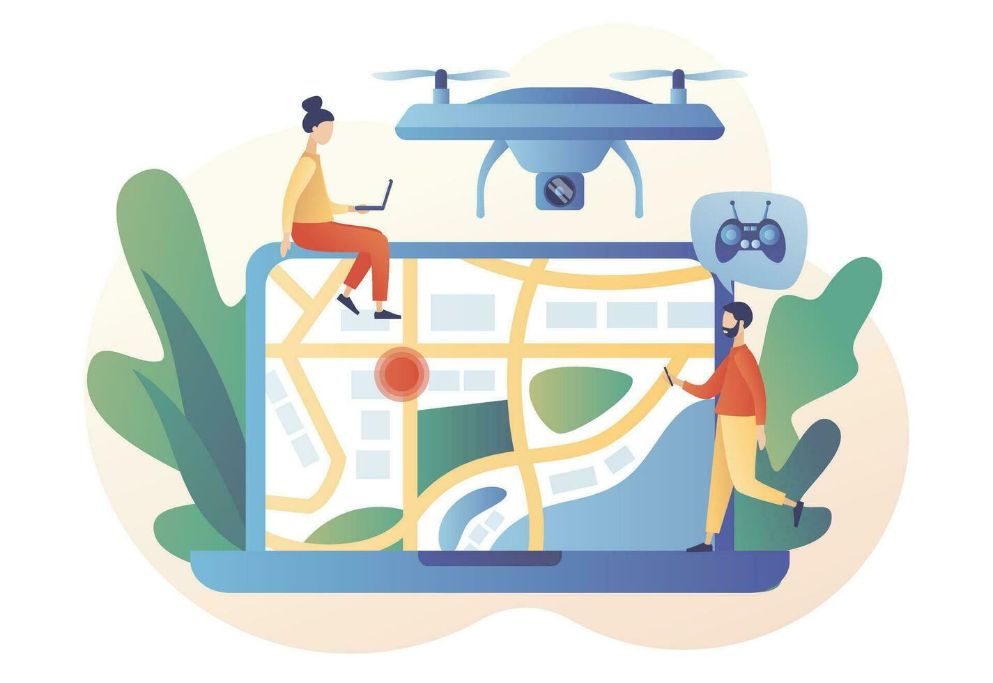 Drone with camera. Drone videography, aerial photography, quadcopter operator, air survey services, drone photo on laptop. Modern flat cartoon style. Vector illustration on white background