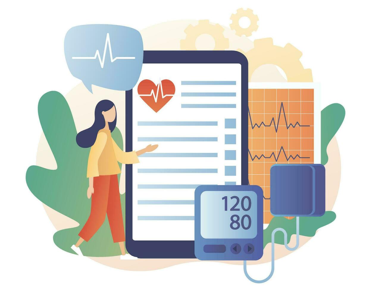 Medical card patient online. Cardiology treatment and checkup. Heart health and disease concept. Blood pressure, pulse rate and cholesterol. Modern flat cartoon style. Vector illustration