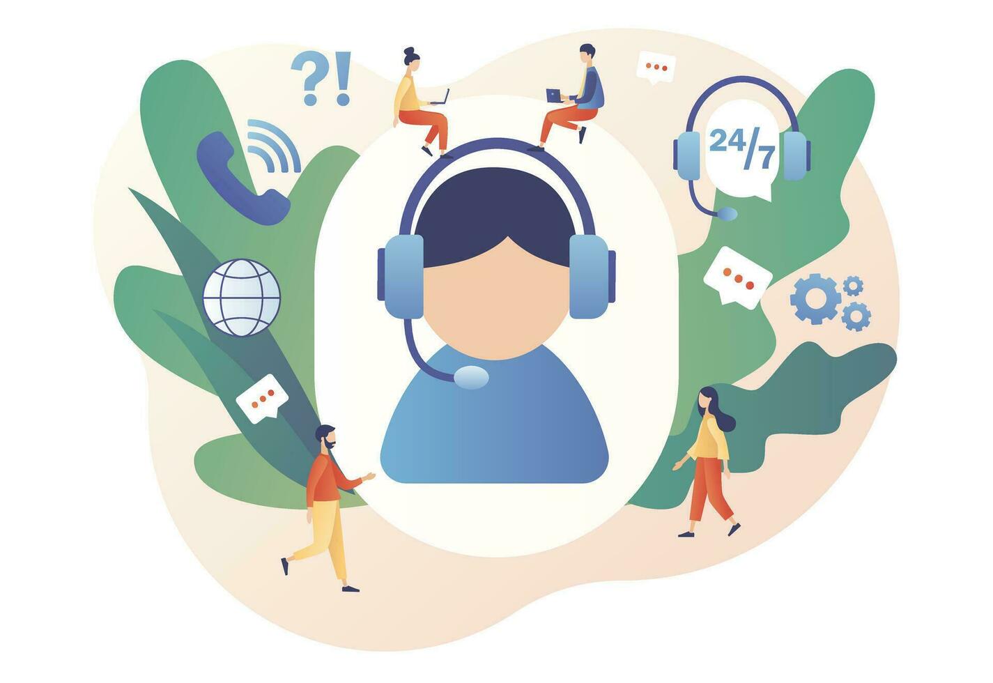 Call center. Online support concept. Customer service. Hotline operator in headset big sign consults client. Modern flat cartoon style. Vector illustration on white background