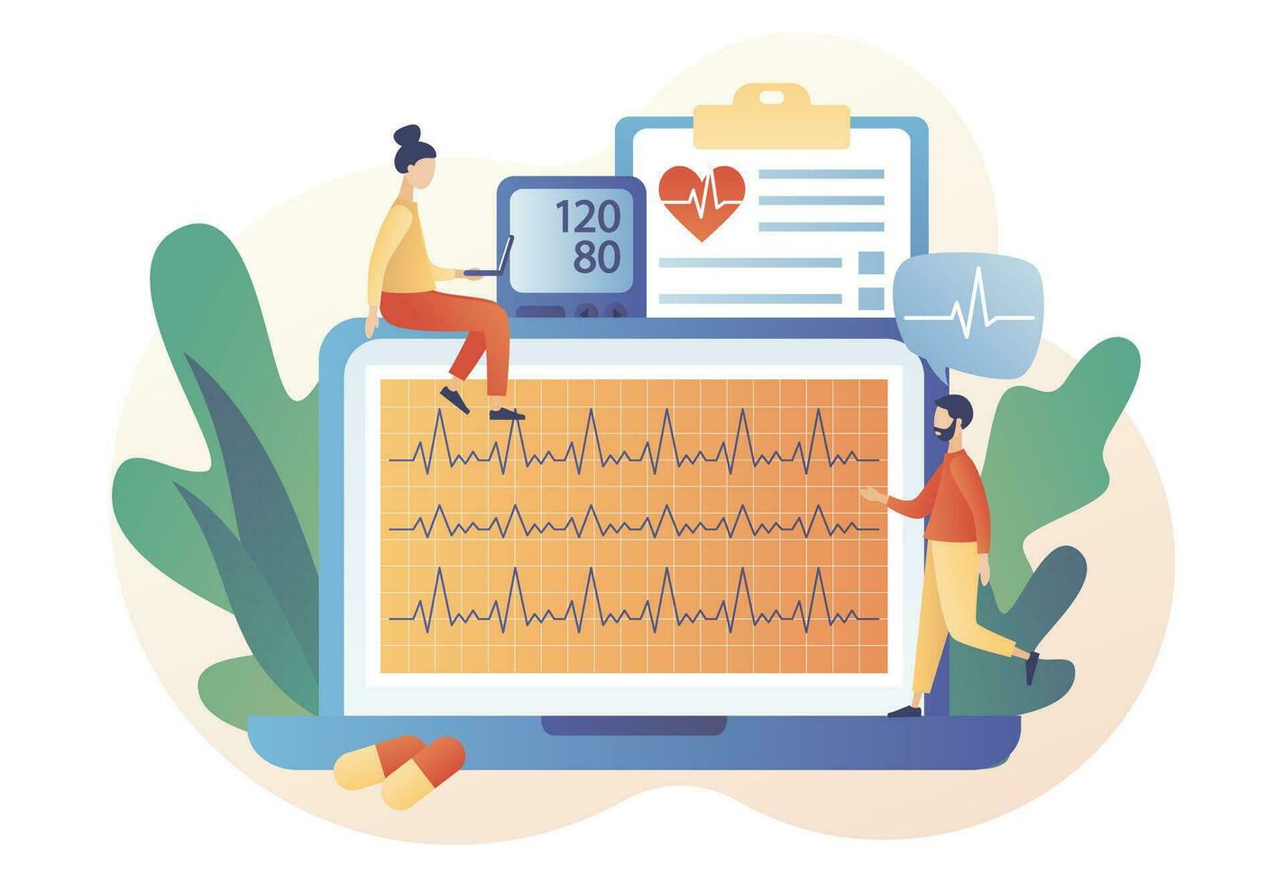 Cardiogram online on laptop. Cardiology treatment and checkup. Heart health and disease. Blood pressure, pulse rate and cholesterol. Medical concept. Modern flat cartoon style. Vector illustration