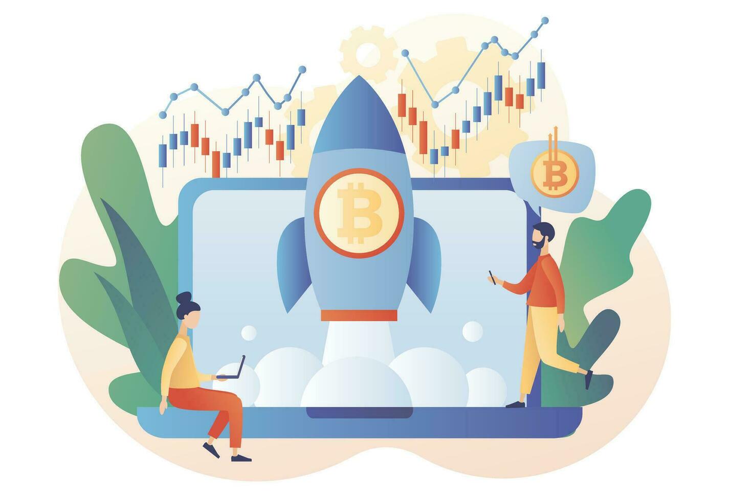 Bitcoin price skyrocket. Tiny people cryptocurrency investors online. Spaceship flying upwards. Bull market concept. Rate growth. Modern flat cartoon style. Vector illustration on white background