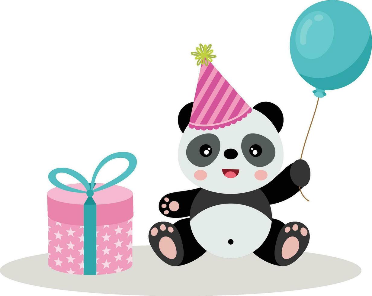 Happy panda with a birthday gift and a blue balloon vector