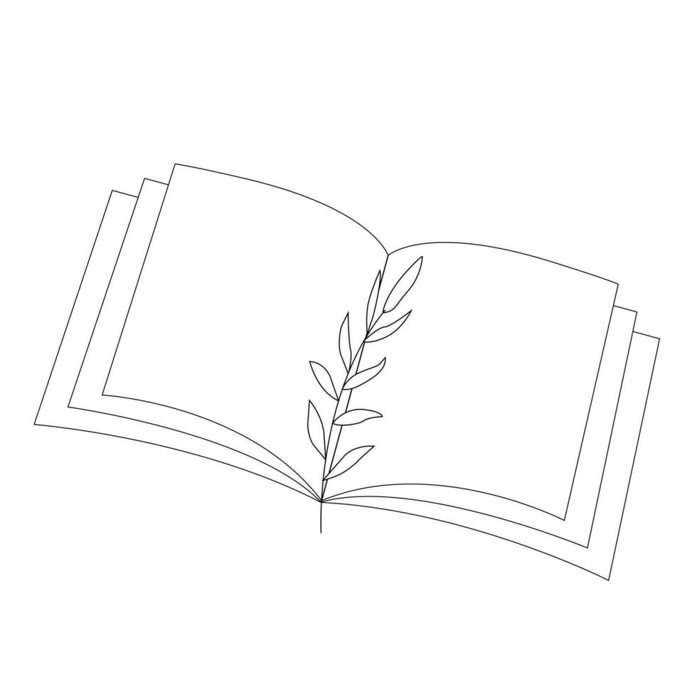 Open book with a bookmark in the form of a twig. In cartoon style. Vector line illustration isolated on white background