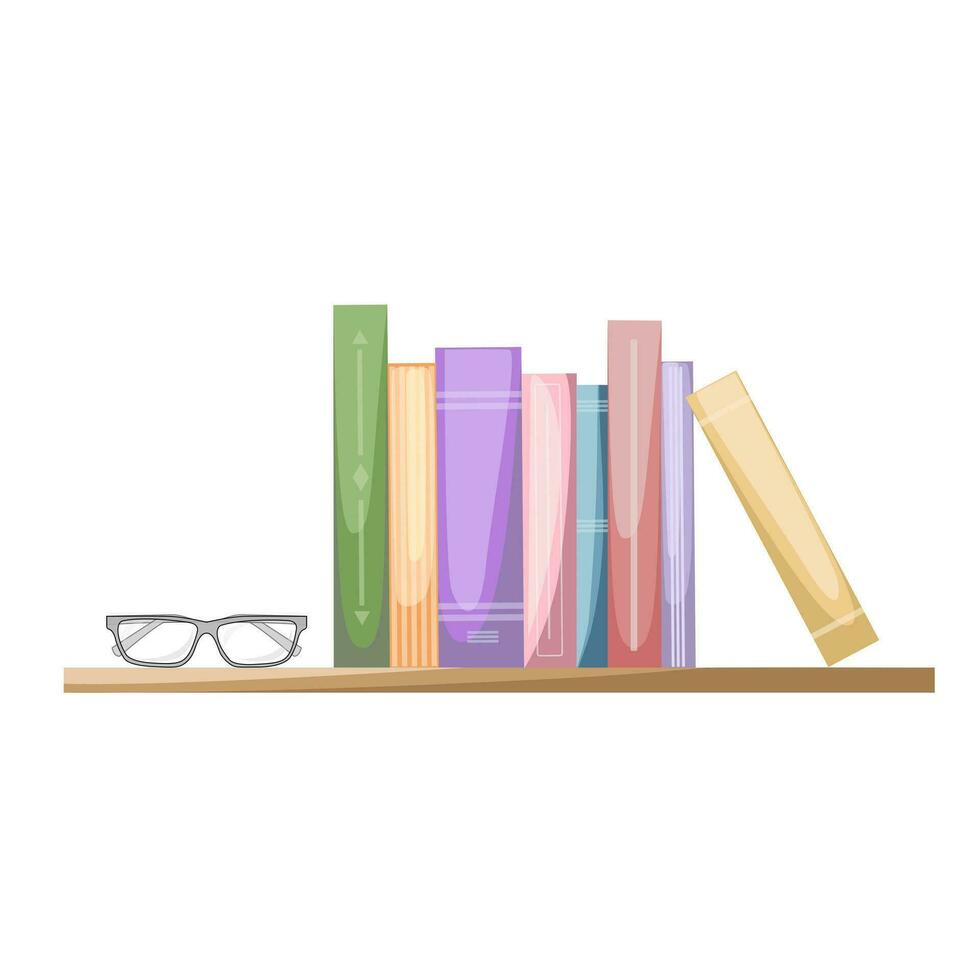 Bookshelf with colored books and glasses.  Concept of learning. Book fair, reading club, world book day concept. Vector illustration