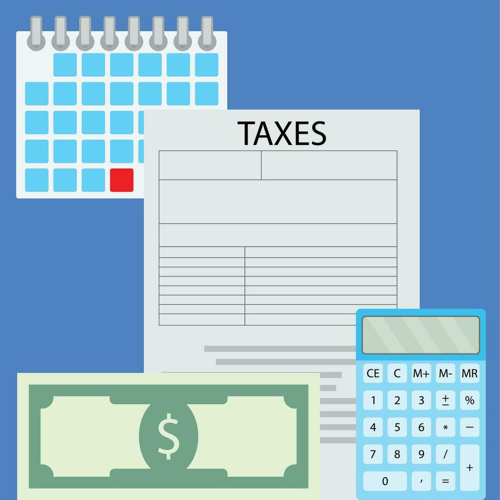 Counting taxes vector. Financial accounting, economy and calculator with banknote illustration vector