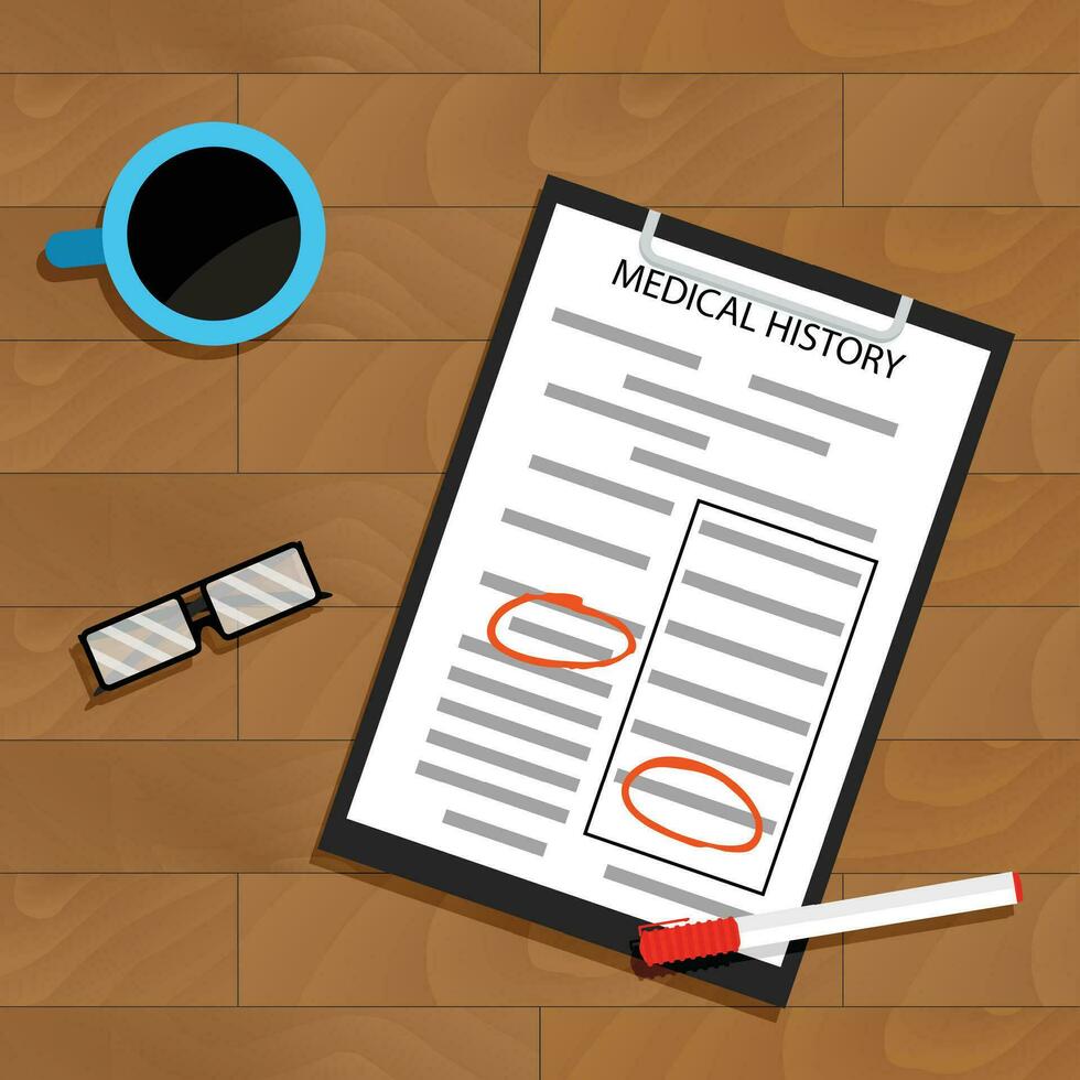 Treat a patient medical history. Doctor paperwork top view. Vector illustration