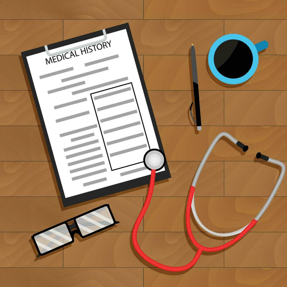 Workplace doctor top view vector. Diagnostic medicine, medication on table illustration vector