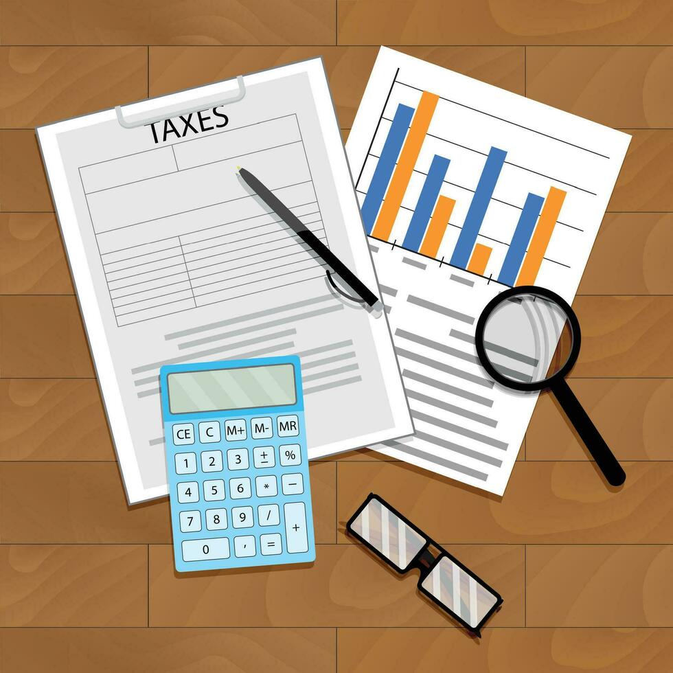Tax statistics vector. Economy statistic banking tax. Calculator and chart data on table illustration vector