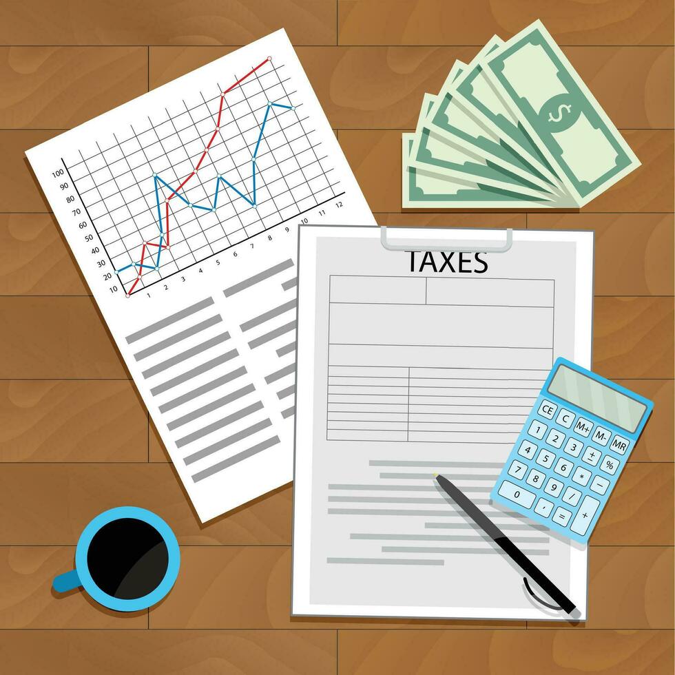 Count taxes for year. Statistic fund and calculate tax. Vector illustration