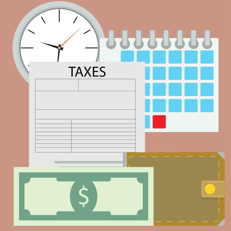 Time for pay tax. Currency payment, accounting and irs, financial taxation, vector illustration