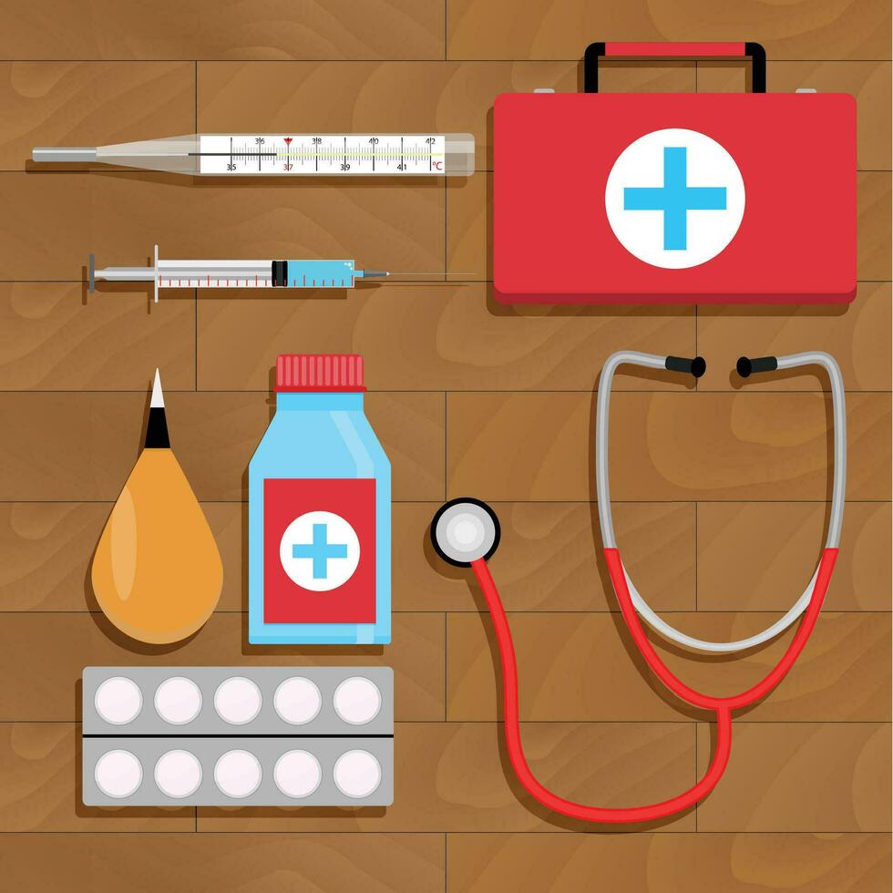 Drugs for treatment top view. Medicine equipment for diagnostic. Vector illustration