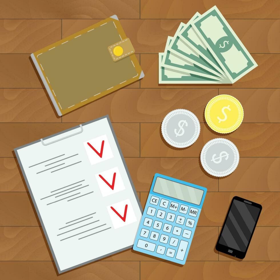 Financial accounting and verification. Finance checklist on desk, vector illustration