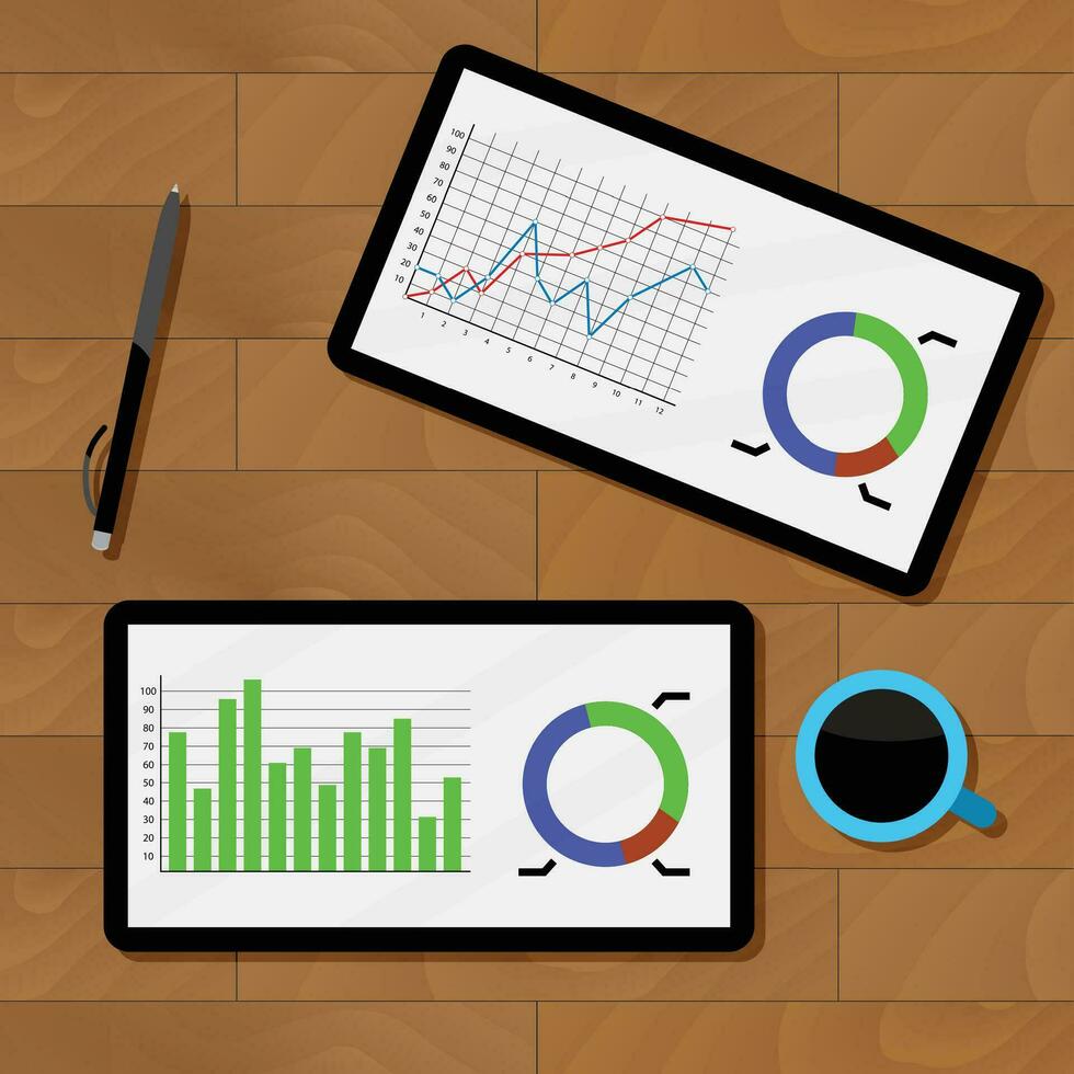 Statistics analysis chart. Analyzing data and review chart on tablet, vector illustration