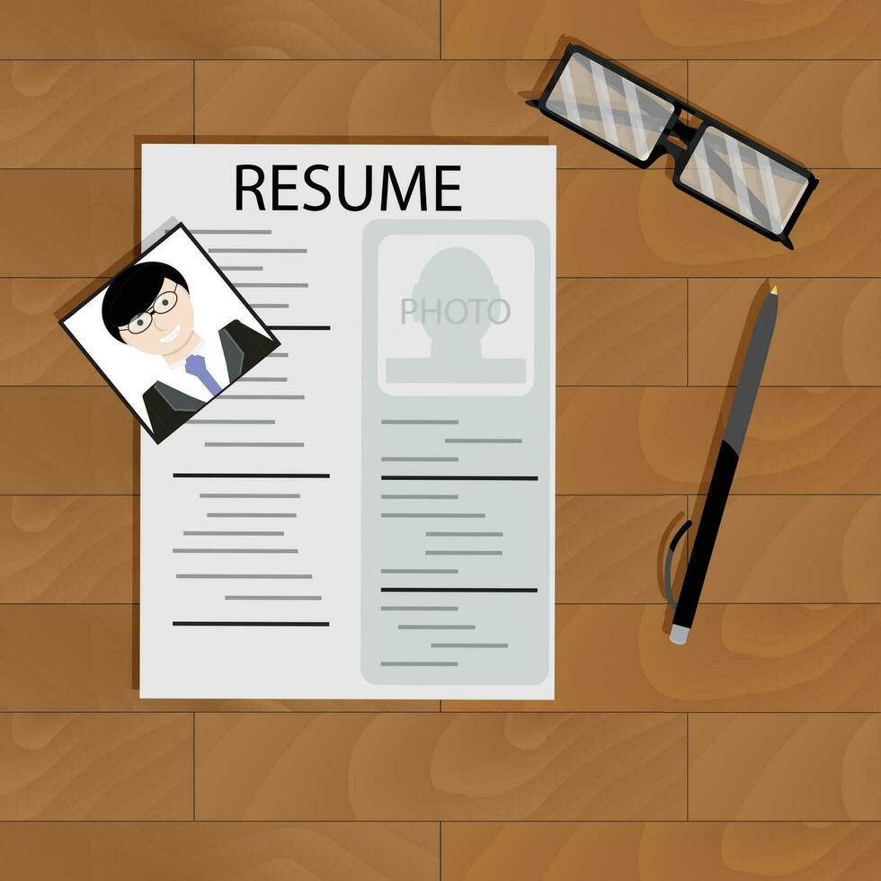 Create resume desktop top view. Employment motivational, write resume to hired, vector illustration