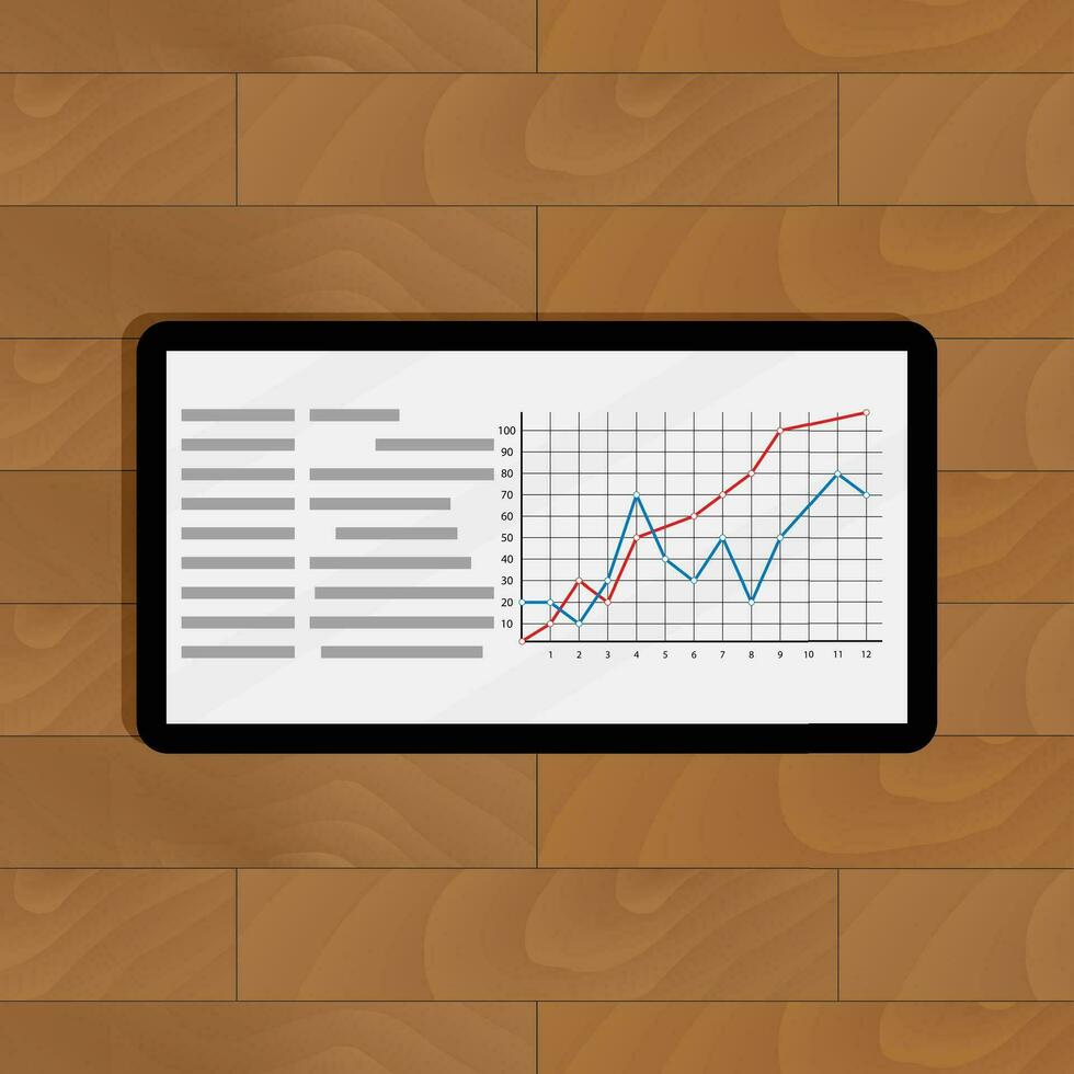 Tablet with graphic. Chart statistic on display, vector illustration