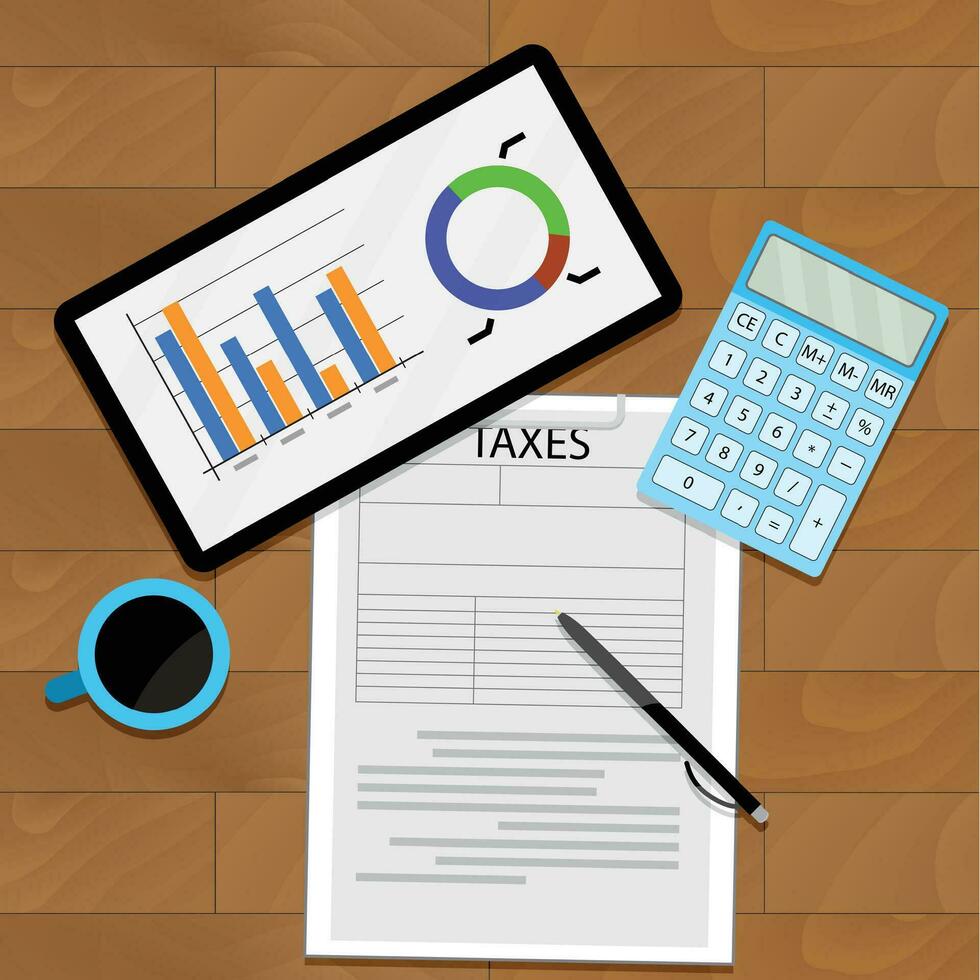 Consider taxes concept. Analytics graph and report infochart, vector illustration