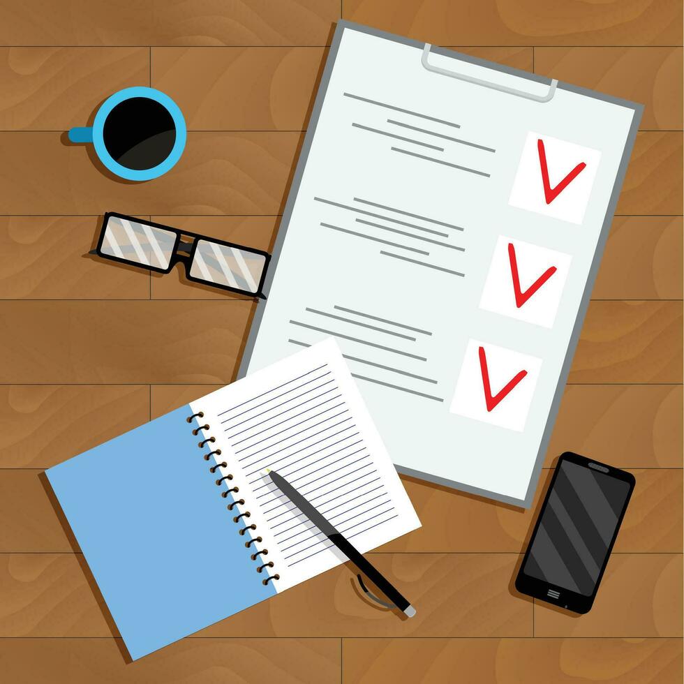 Business planning and organization paperwork. Top view checklist and notebook on table, vector illustration