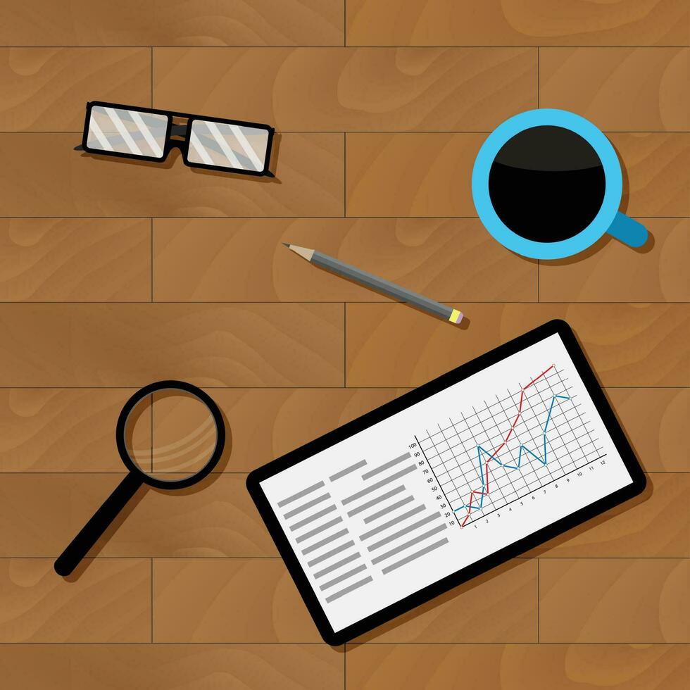Workplace businesman top view. Statistical document wood table. Vector illustration
